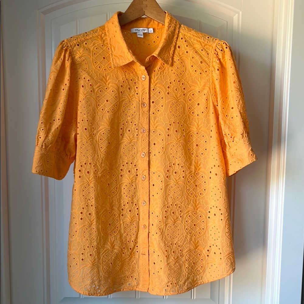 Chico’s eyelet puff sleeve blouse in cantaloupe